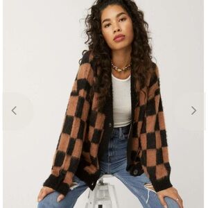 Daydreamer Desert Canyon V-Neck Mohair Checkered Cardigan Sweater Size M BNWOT!